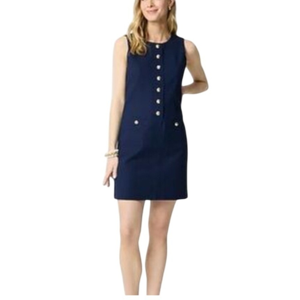 J Crew Navy Sleevelesss Button Front‎ Shift Dress Linen Blend Size 14  NWT $128